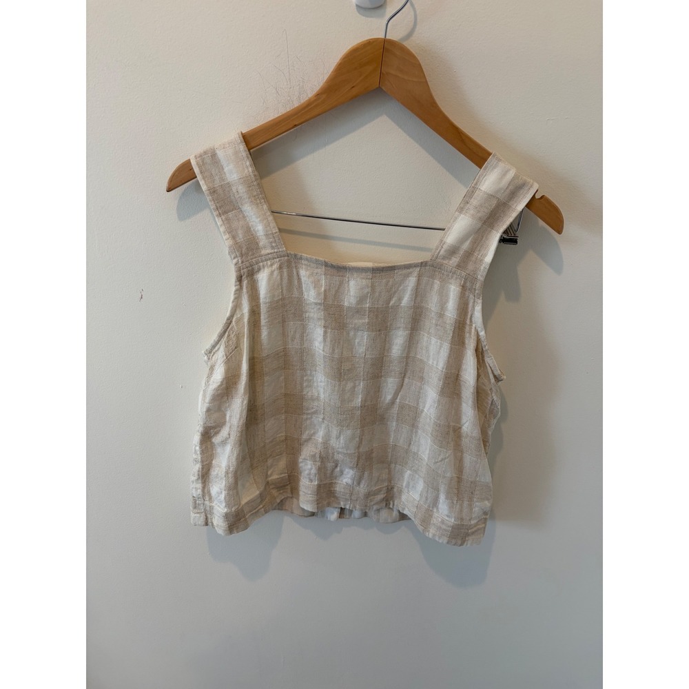 Madewell Linen Blend Gingham Button Back Crop Tank Top Tan White Size 2